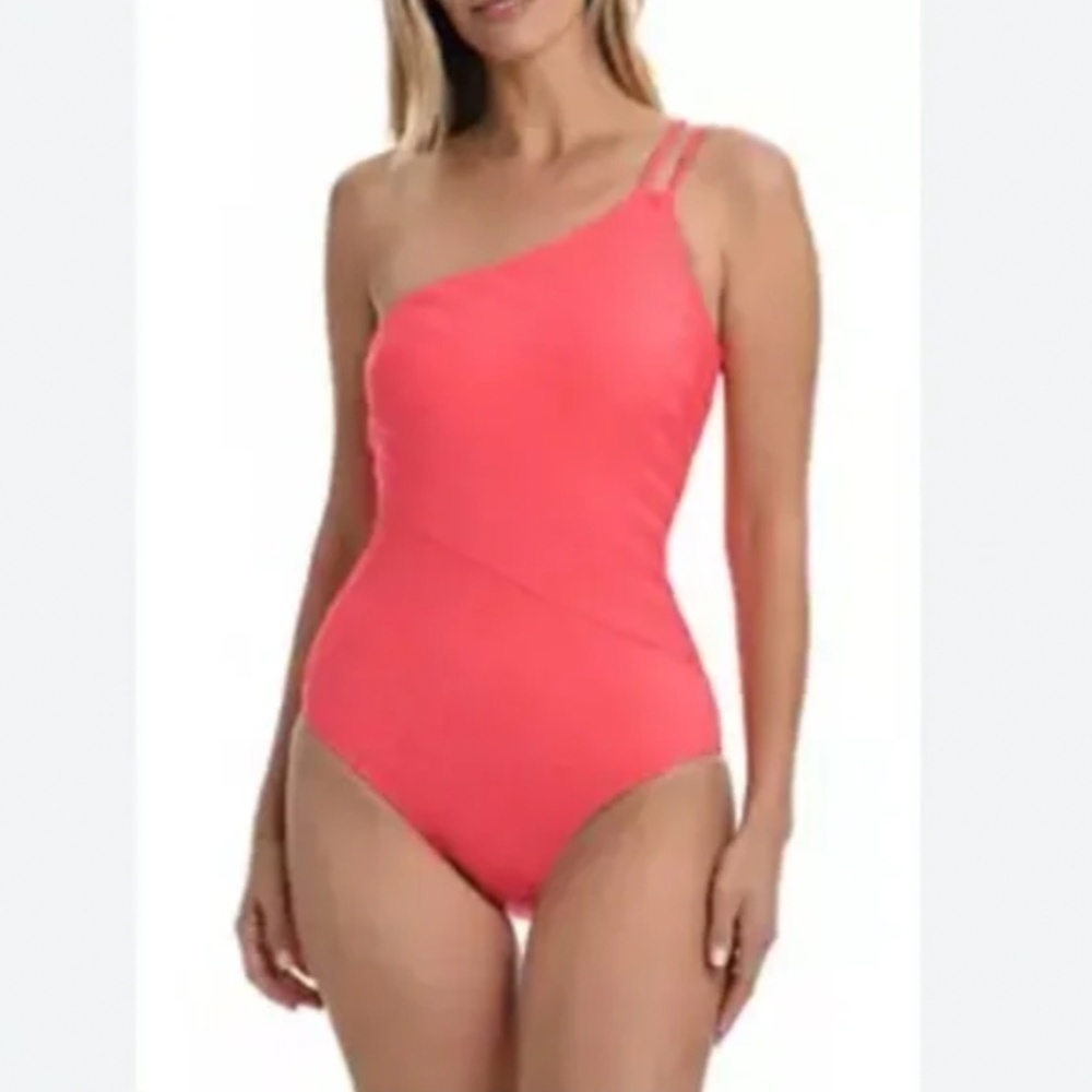 La Blanca Linea Costa One Shoulder One Piece Swimsuit 10‎ Coral